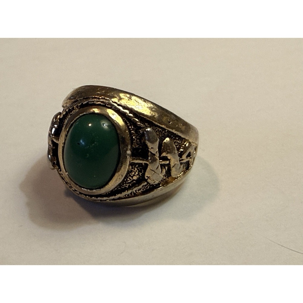 Vintage Snake Ring Green Cabochon Stone Silver Tone Signet Statement Size 10.5 - Picture 8 of 9